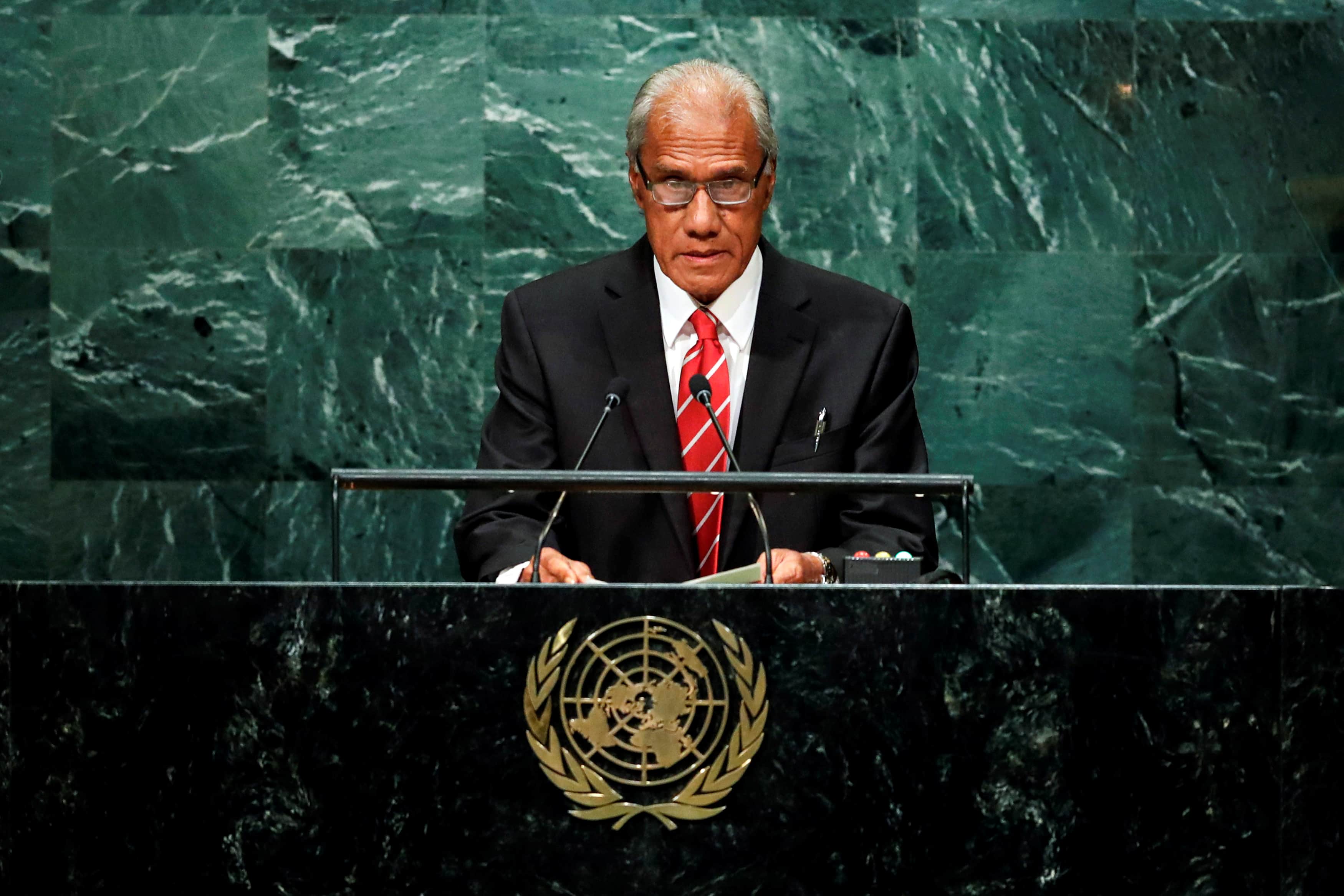 Prime Minister of Tonga Samiuela Akilisi Pohiva addresses the United Nations General Assembly in New York, 24 September 2016, REUTERS/Eduardo Munoz
