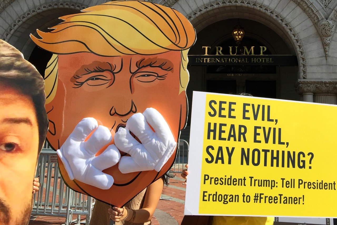 A demonstration in Washington, 15 June 2017, urging the US to end its silence on the imprisonment of Taner Kilic, chair of Amnesty International Turkey, AP Photo/Jon Elswick