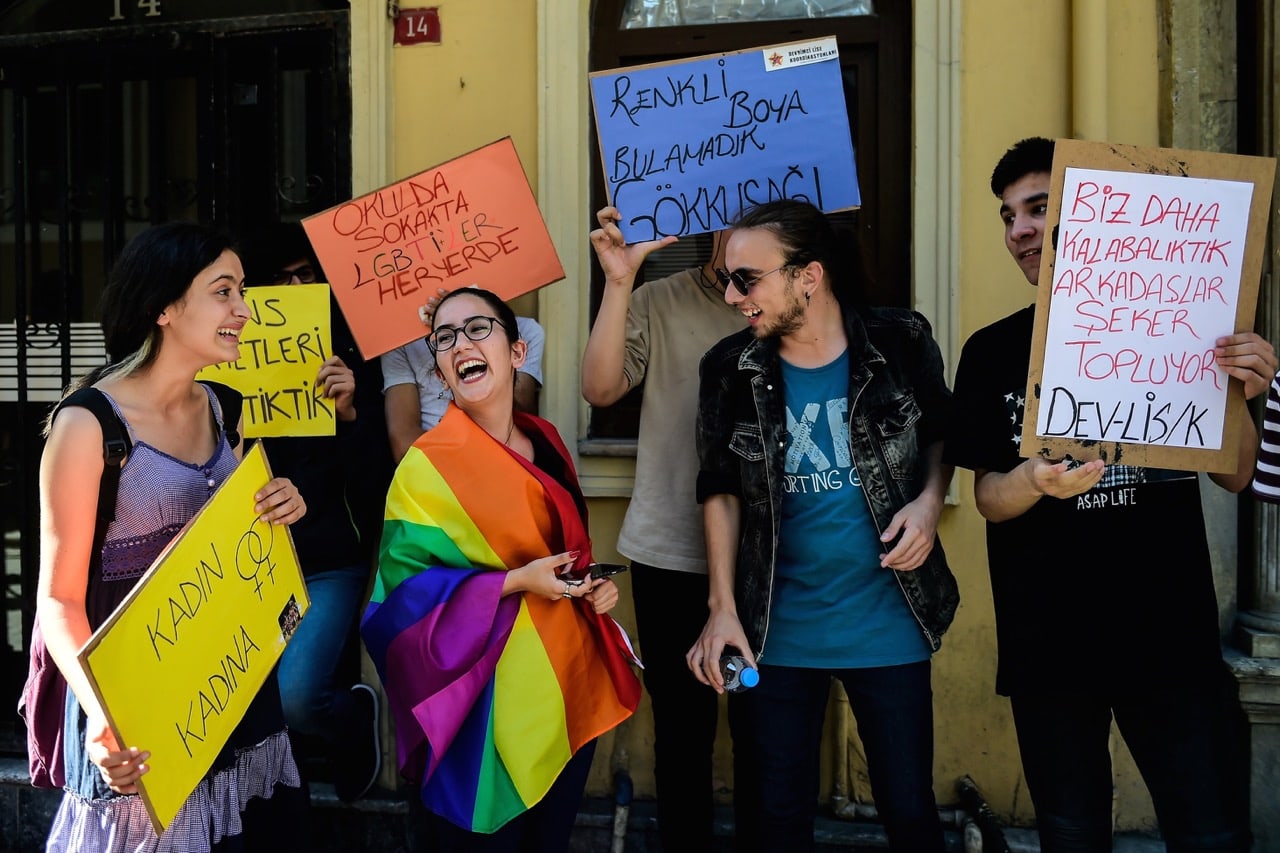 LGBT rights activists try to gather for a pride parade, which was banned by the governorship, in central Istanbul, Turkey, 25 June 2017, YASIN AKGUL/AFP/Getty Images