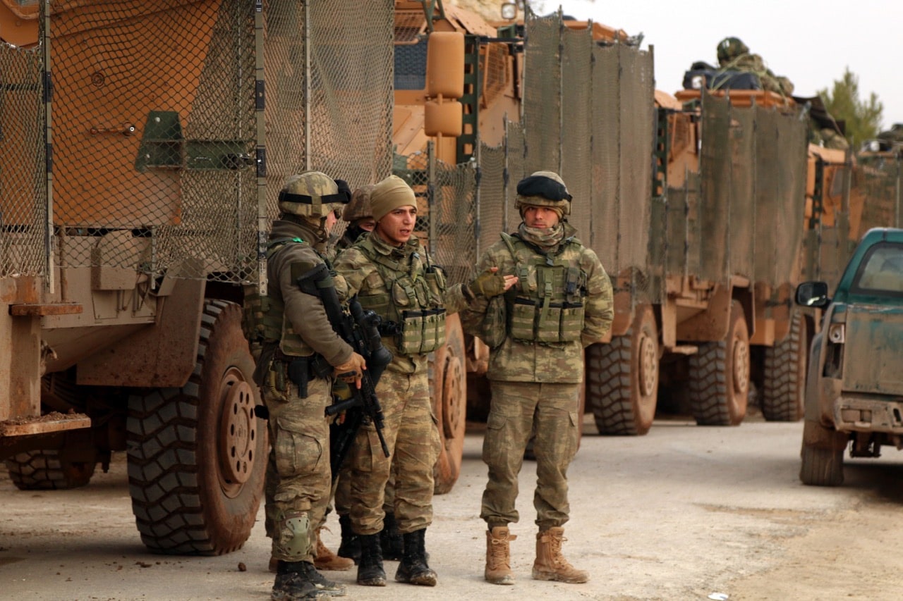 Turkish soldiers are seen around the area of Mount Bersaya, north of the Syrian town of Azaz near the border with Turkey, on 22 January 2018, following the launch of "Operation Olive Branch", SALEH ABO GHALOUN/AFP/Getty Images