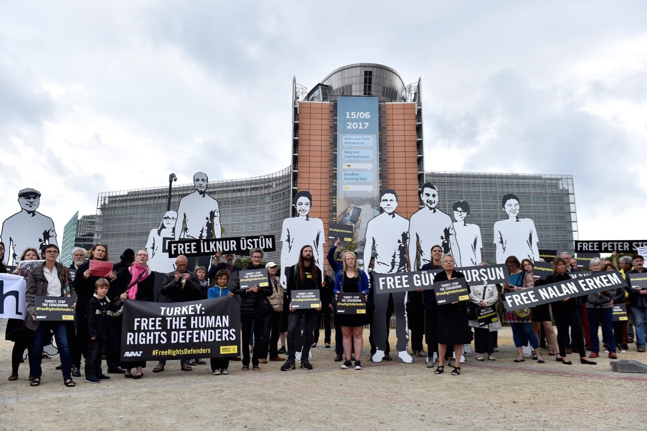 Amnesty International activists hold a protest outside the EU commission with giant figures depicting activists who were detained in Turkey, in Brussels, Belgium, 25 July 2017, REUTERS/Eric Vidal