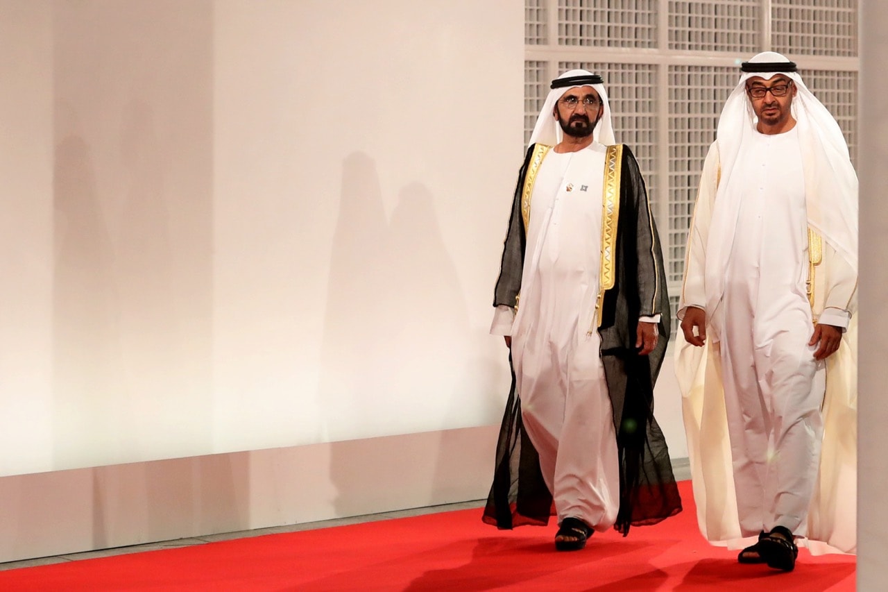 Ruler of Dubai Sheikh Mohammed bin Rashid al-Maktoum (L) and Abu Dhabi Crown Prince Mohammed bin Zayed Al-Nahyan during the inauguration of the Louvre Abu Dhabi Museum, 8 November 2017, KARIM SAHIB/AFP/Getty Images