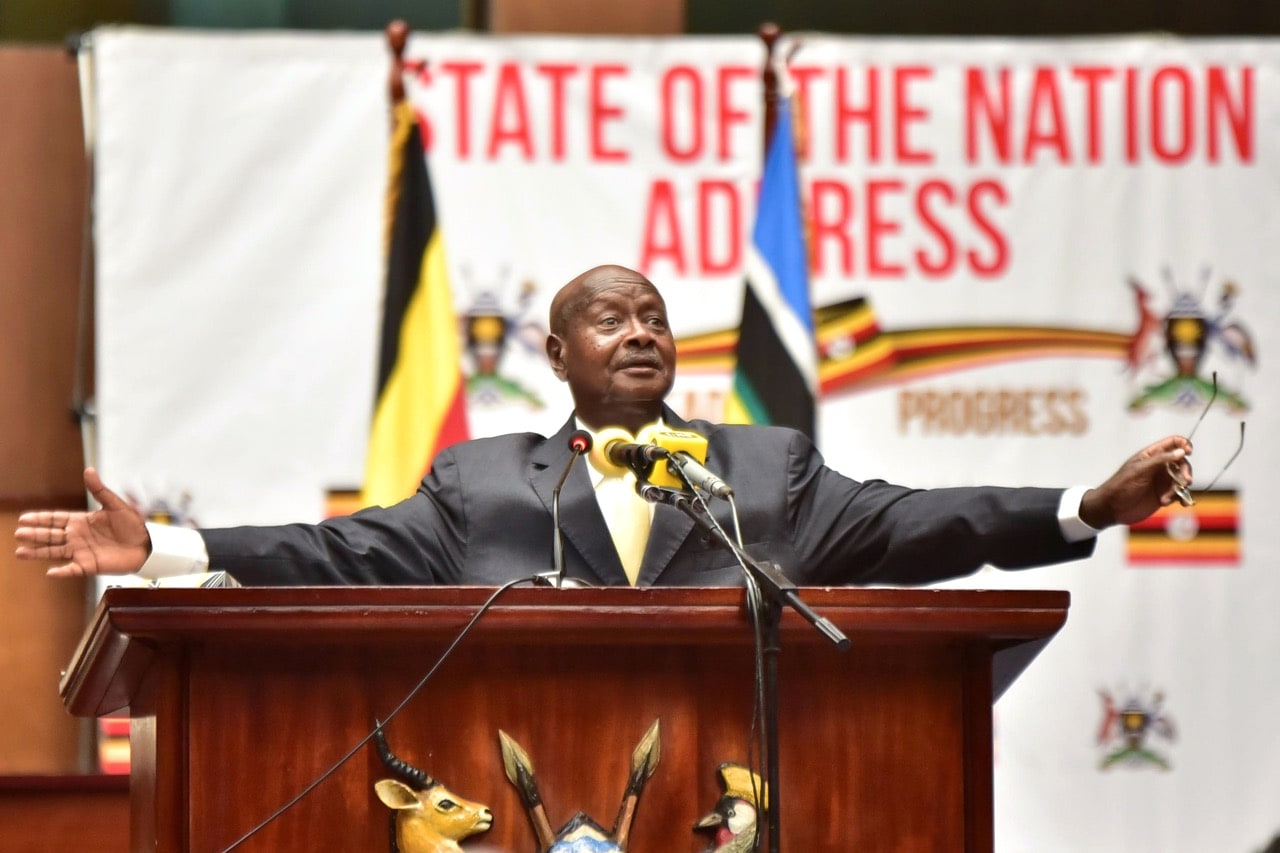 Uganda's President Yoweri Museveni delivers his state of the nation address in Kampala, Uganda, 6 June 2018, NICHOLAS BAMULANZEKI/AFP/Getty Images