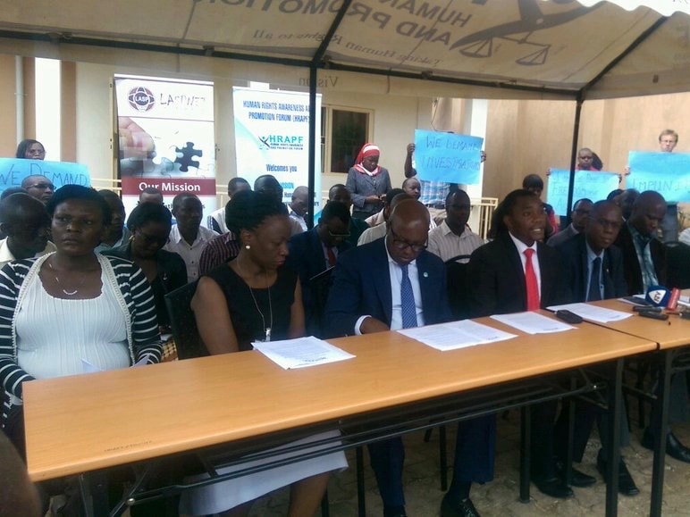 Human Rights Activists attend a press conference held at the HRAFP offices, in a show of solidarity, HRNJ-Uganda