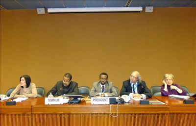 Panelists (left to right): Esther Busser (ITUC), Somalia Ambassador Yusuf Mohamed Ismail, Omar Faruk Osman (NUSOJ), Jim Boumelha (IFJ) and Hélène Sackstein (RSF)., NUSOJ