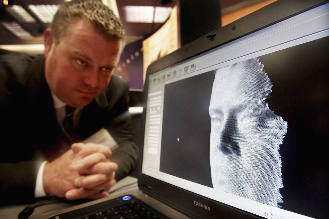 A 3D facial recognition program is demonstrated during the Biometrics 2004 exhibition and conference in London, UK, 14 October 2004, Ian Waldie/Getty Images