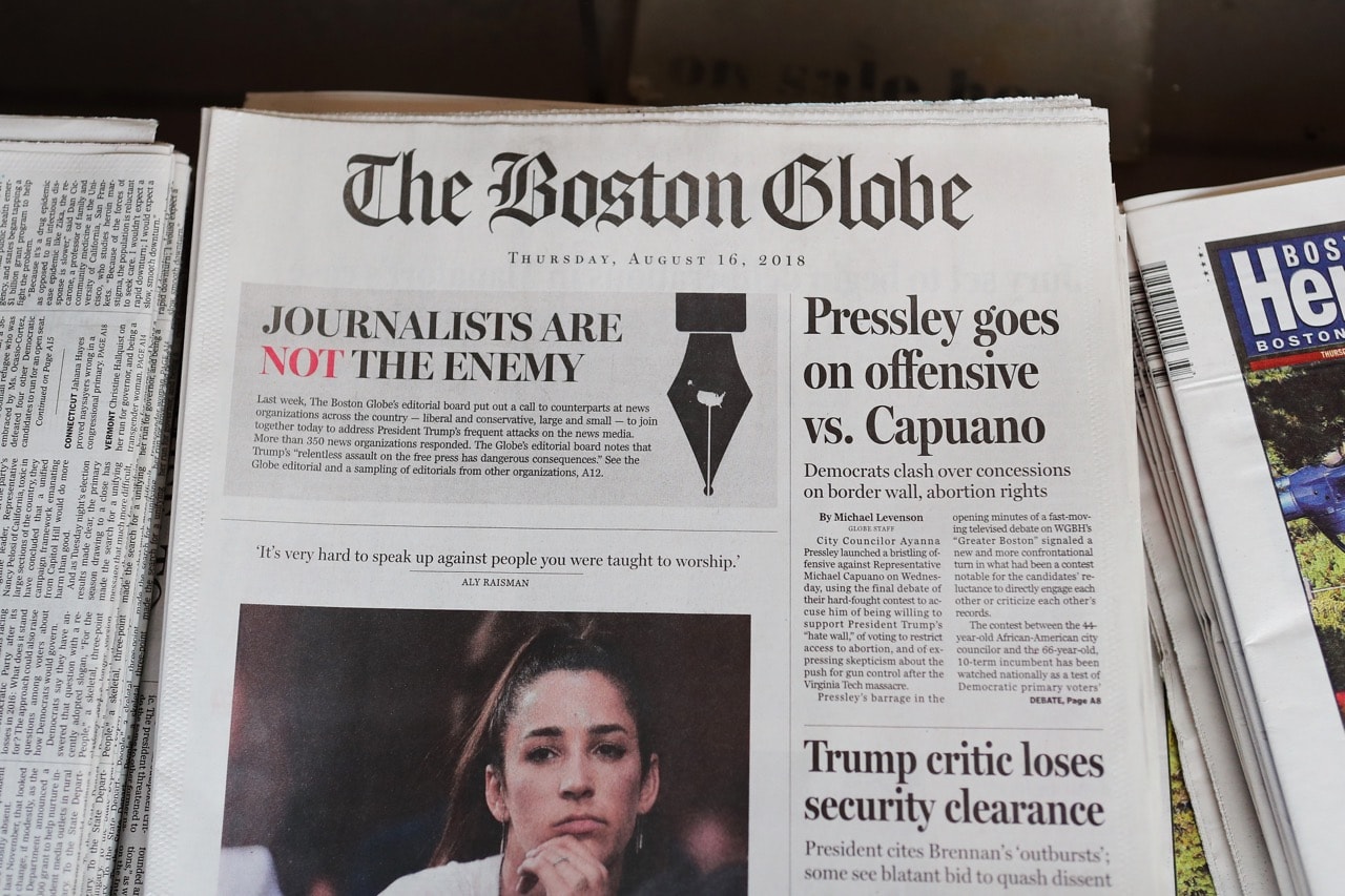 The front page of the 16 August 2018 edition of the "Boston Globe" newspaper reads 'Journalists are Not the Enemy', at a newsstand in Cambridge, Massachusetts, Tim Bradbury/Getty Images