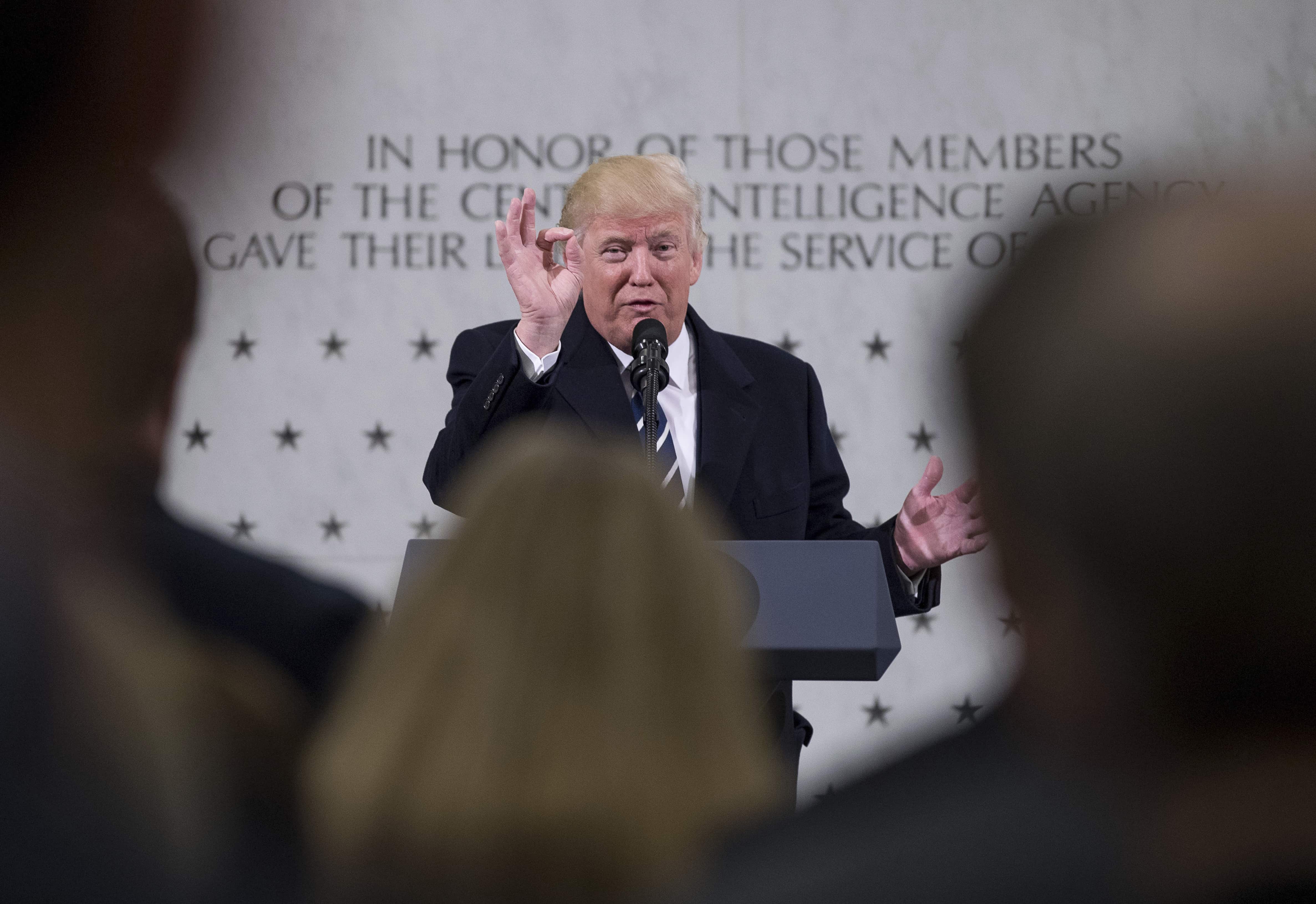 President Donald Trump speaks at the Central Intelligence Agency on 21 January 2017, AP Photo/Andrew Harnik