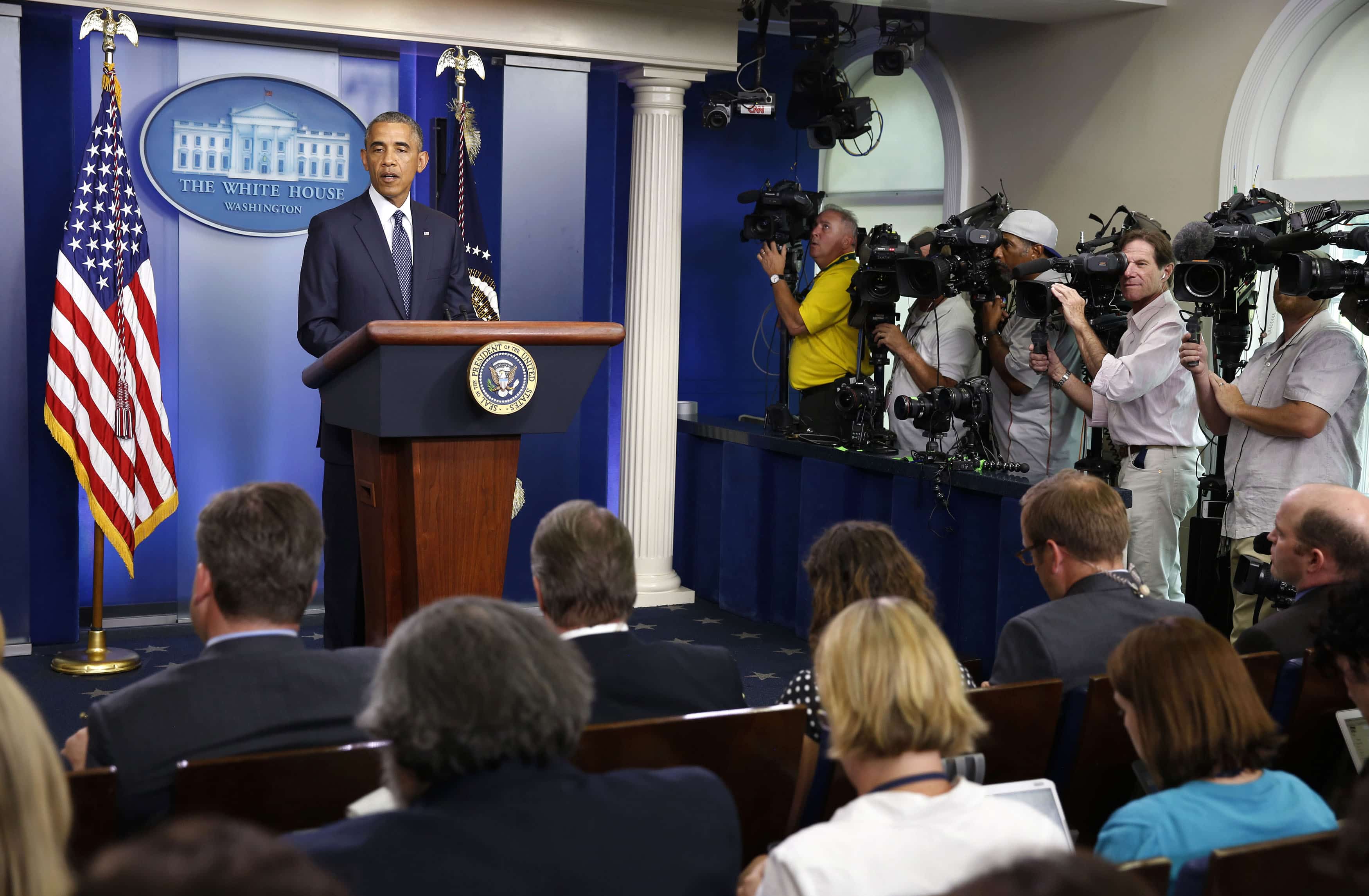 President Obama speaks to reporters in the press briefing room at the White House, REUTERS/Larry Downing