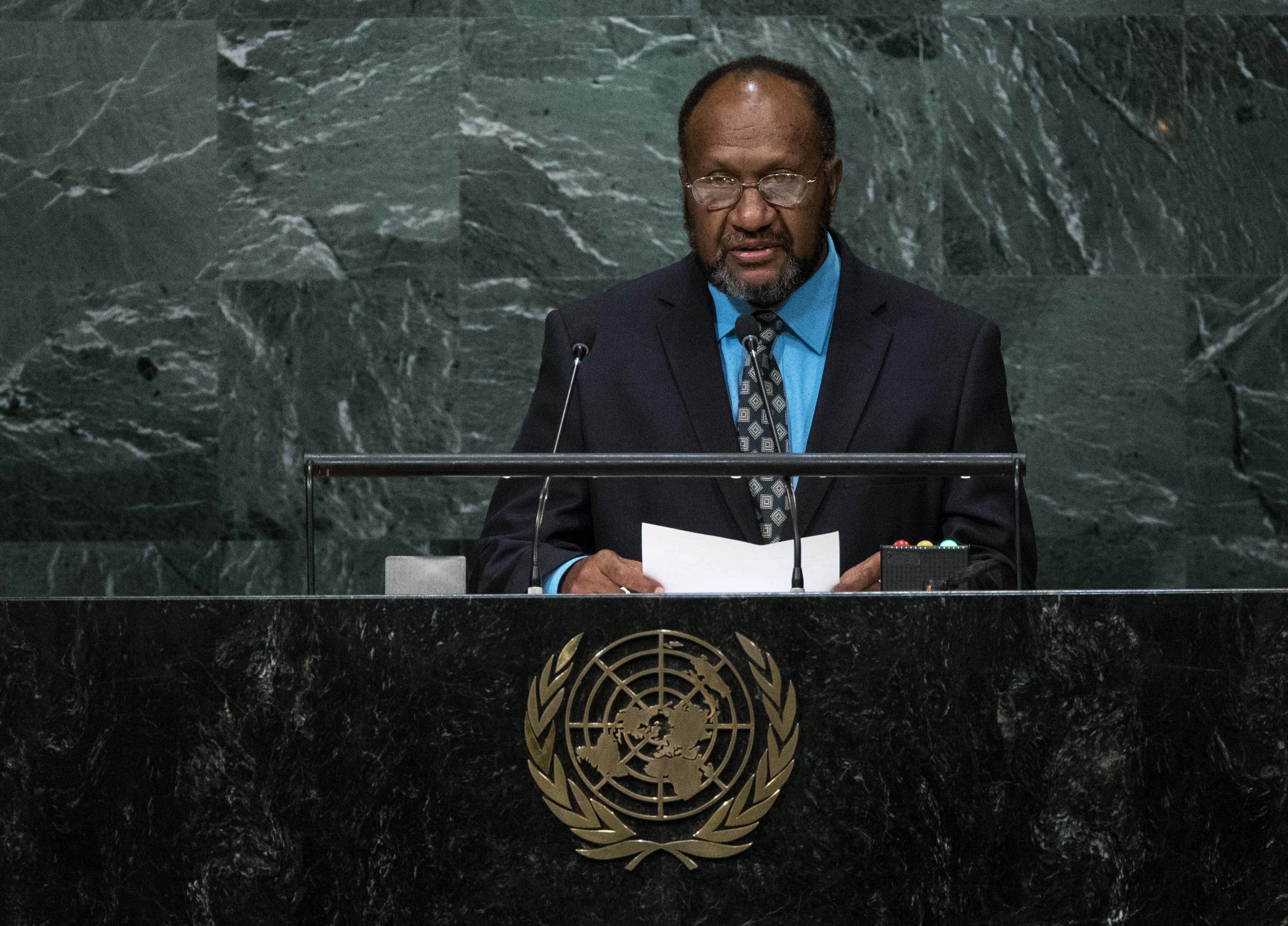 Vanuatu's Prime Minister Charlot Salwai Tabimasmas addresses the 71st session of the United Nations General Assembly, 23 September 2016., Craig Ruttle, AP