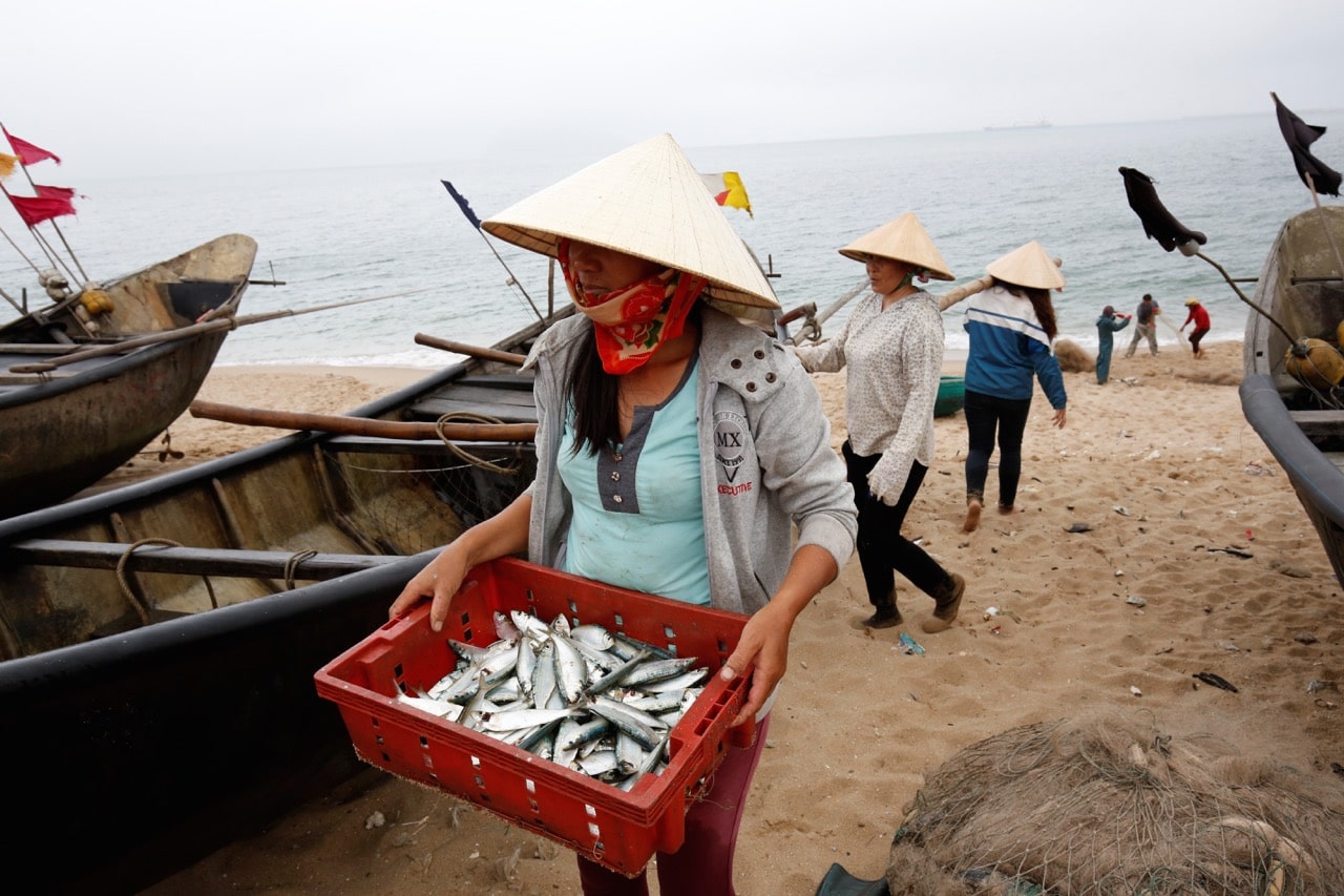 A woman carries fish on the beach of Dong Yen fishing village, which is next to the Formosa factory, in Vietnam's central Ha Tinh province, 31 March 2017, REUTERS/Kham