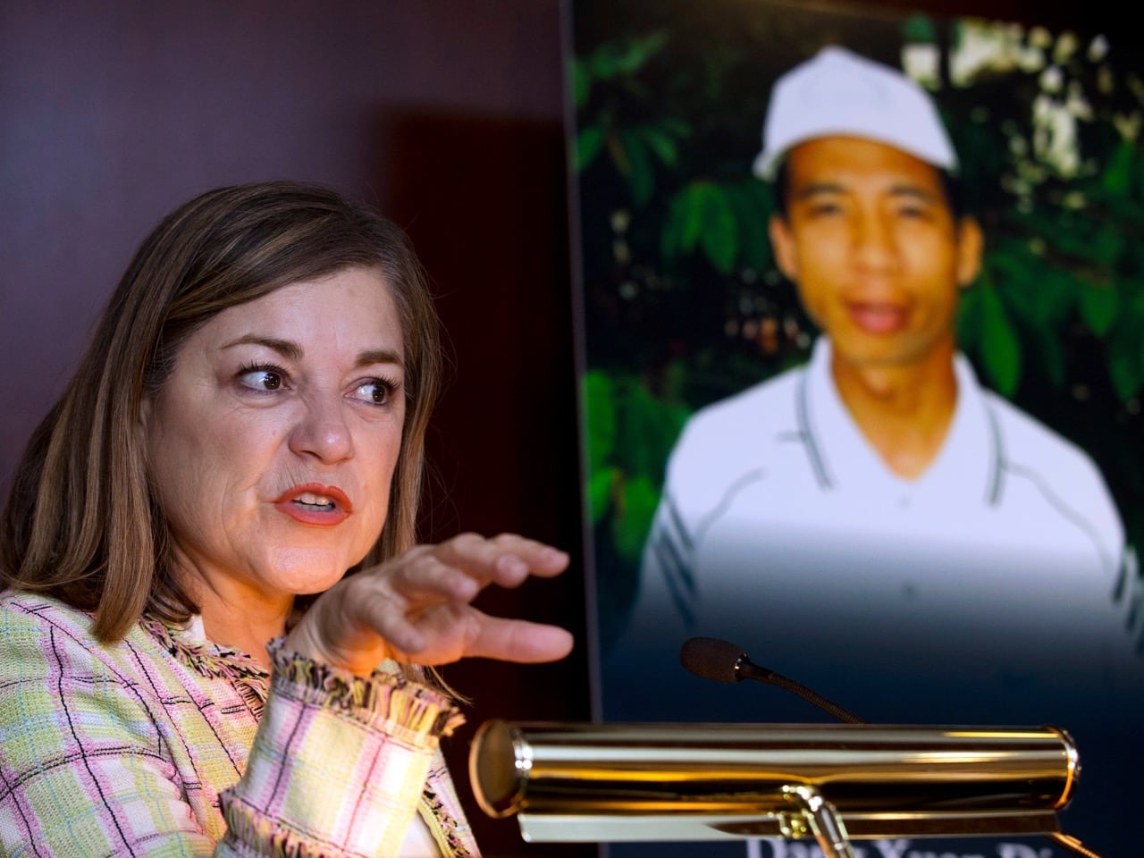 On 11 June 2015, Rep. Loretta Sanchez, D-Calif., speaks during a Congressional briefing on Vietnam's human rights record, in Washington; behind her is a picture of Vietnamese political prisoner Dang Xuan Dieu, AP Photo/Manuel Balce Ceneta