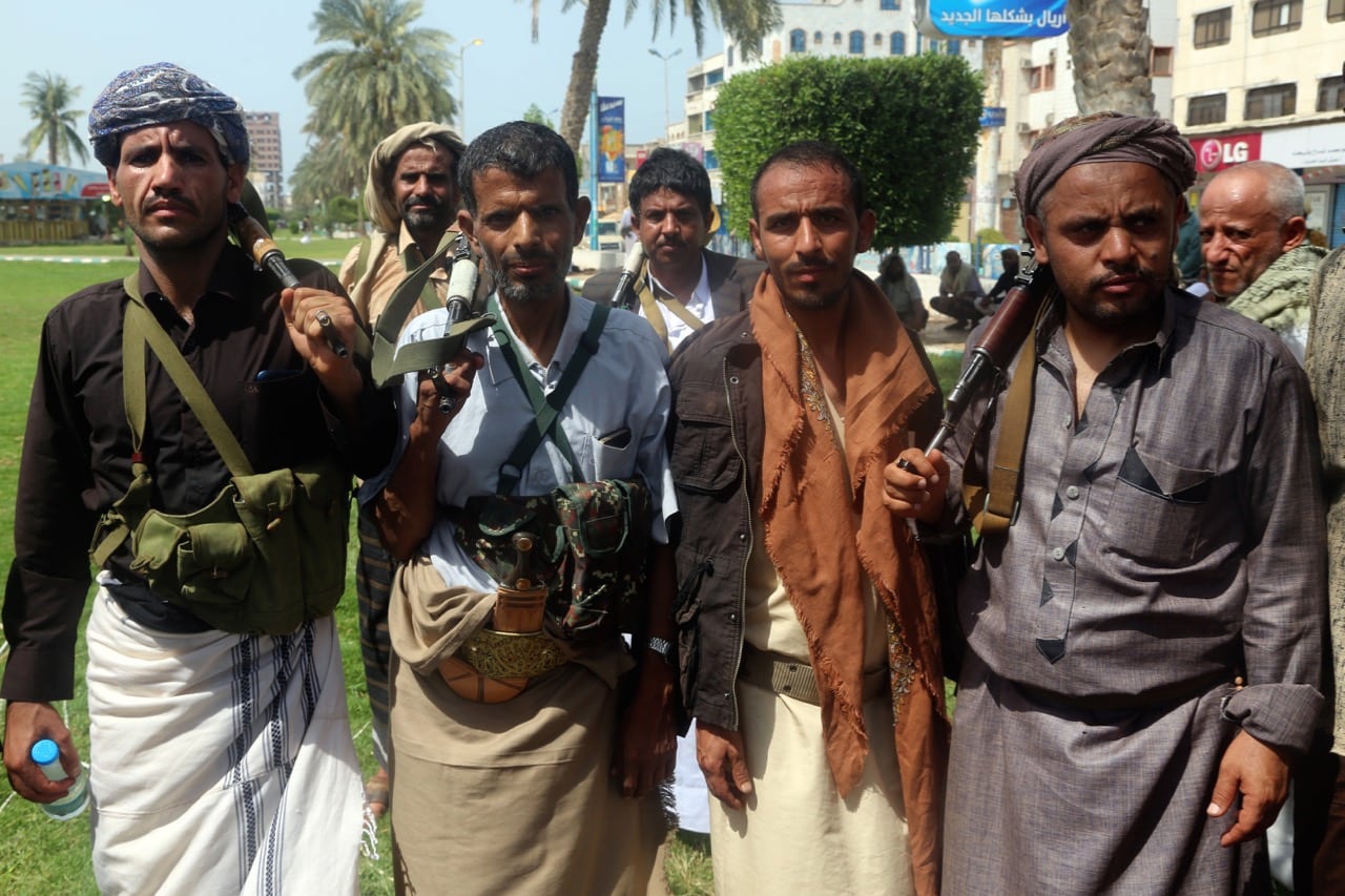 Shiite Huthi rebels are seen during a gathering to mobilise more fighters to the battlefront to fight pro-government forces, in the Red Sea port city of Hodeidah, 18 June 2018, ABDO HYDER/AFP/Getty Images