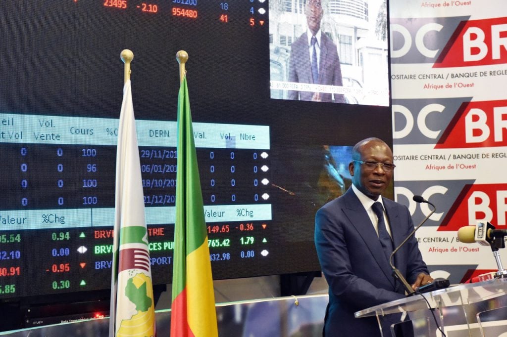 Benin President Patrice Talon speaks during a visit to the Regional stock exchange (Bourse Régionale des Valeurs Mobilières - BRVM) in Abidjan, Ivory Coast, 11 January 2017, ISSOUF SANOGO/AFP/Getty Images