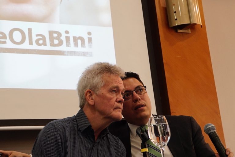Dag Gustafsson (l), father of the imprisoned Swedish programmer Ola Bini, and his lawyer Carlos Soria give a joint press conference, in Quito, Ecuador, 16 April 2019, Dani Tapia/picture alliance via Getty Images