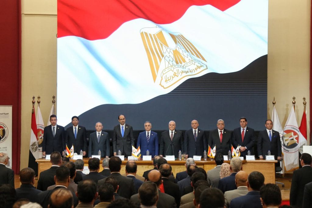 The head of the Egyptian National Elections Authority (NEA) attends a press conference at the NEA's headquarters to announce the results of the referendum on the constitutional amendments, in Cairo, 23 April 2019, Mohamed El Raai/picture alliance via Getty Images