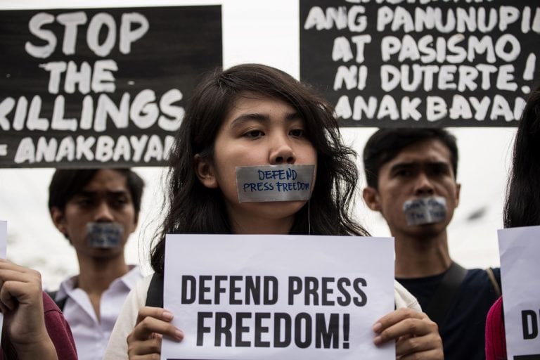 College students participate in a protest to defend press freedom in Manila, Philippines, 17 January 2018, NOEL CELIS/AFP/Getty Images