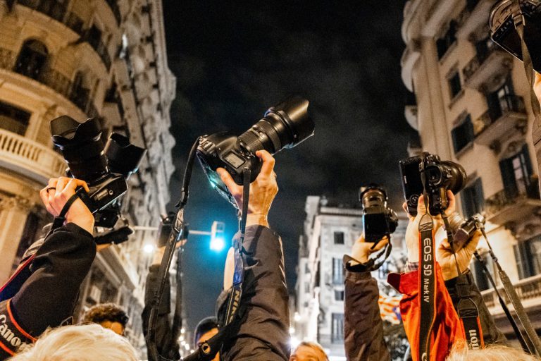 Photojournalists call for the release of their colleague Carlos Palacio who was arrested during a protest, in Girona, Spain, 16 January 2019, Paco Freire/SOPA Images/LightRocket via Getty Images