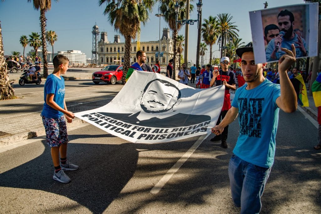 People from the Rif community in Barcelona, Spain demonstrate to show their support for political prisoners imprisoned by the Moroccan regime, 29 July 2018, Paco Freire/SOPA Images/LightRocket via Getty Images
