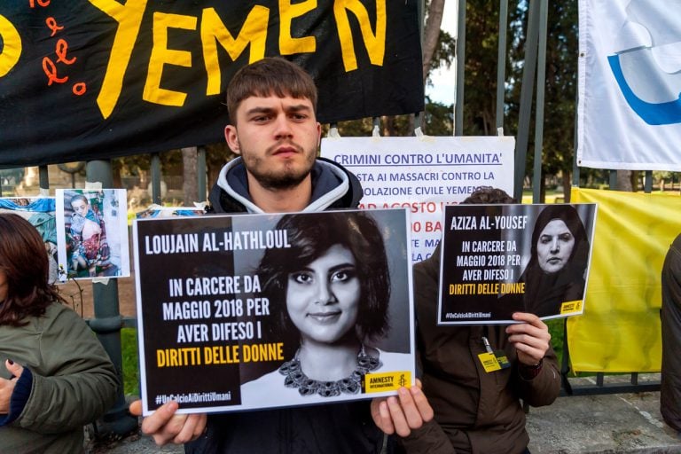 Protesters condemn Saudi human rights violations and the arrests of activists and journalists outside the Embassy of Saudi Arabia, in Rome, Italy, 16 January 2019, Stefano Montesi - Corbis/Corbis via Getty Images