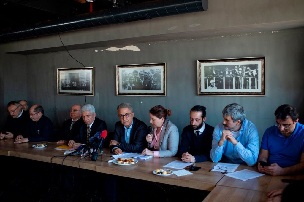 Opposition journalists hold a press conference in connection with the 'Cumhuriyet' case, in Istanbul, Turkey, 22 April 2019, YASIN AKGUL/AFP/Getty Images