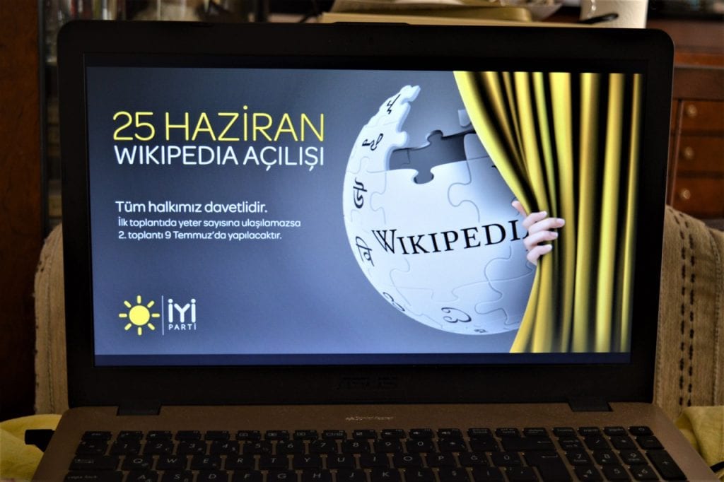 Turkey's opposition IYI Party posts an image that reads 'June 25: The opening of Wikipedia', in an election campaign against the ban on the online encyclopedia, in Ankara, 30 April 2018, Altan Gocher/NurPhoto via Getty Images
