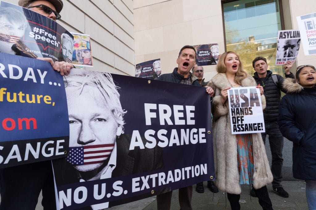 Supporters of Julian Assange gather outside Westminster Magistrates Court where the WikiLeaks founder appears in custody following his arrest in London, England, 11 April 2019, Wiktor Szymanowicz/NurPhoto via Getty Images