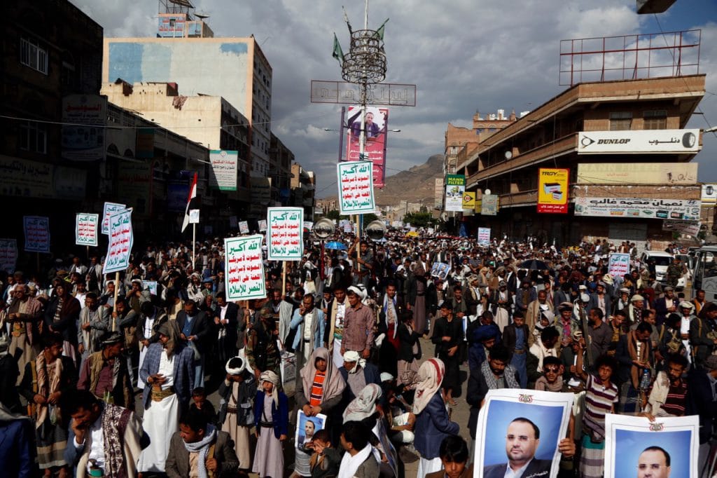 Yemeni Houthi supporters participate in a protest marking the first anniversary of the killing the head of the Houthis' Supreme Political Council, in Sana'a, 19 April 2019, Mohammed Hamoud/Getty Images
