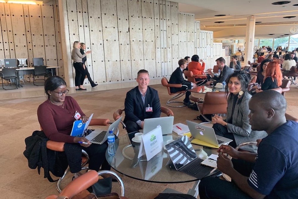 MFWA's Vivian Affoah, IFEX's Matt Redding, Sabrine Baâboura from RIDH, and Sheriff Bojang Jnr from the Gambia Press Union in Geneva, Switzerland, 8 October 2019