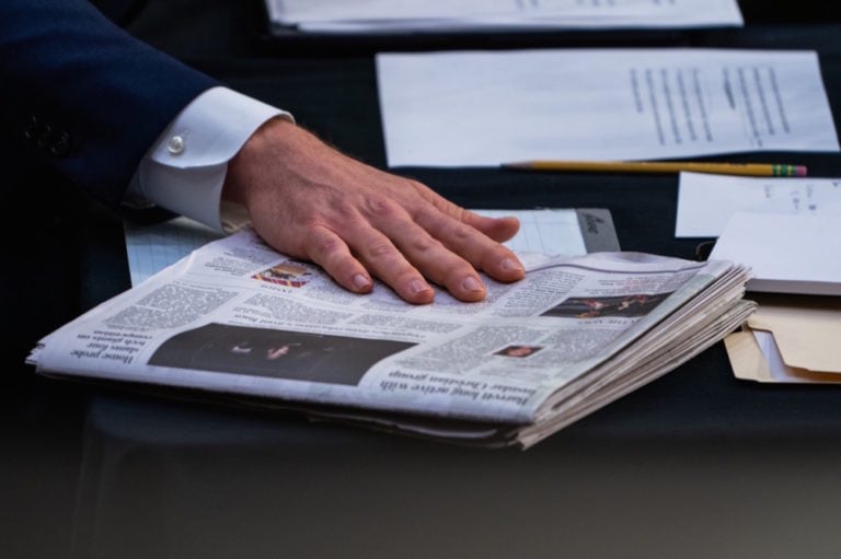 A U.S. Senator points to a newspaper article about a Supreme Court nominee before the Senate Judiciary Committee, on Capitol Hill, in Washington, DC, 12 October 2020, Demetrius Freeman - Pool/Getty Images