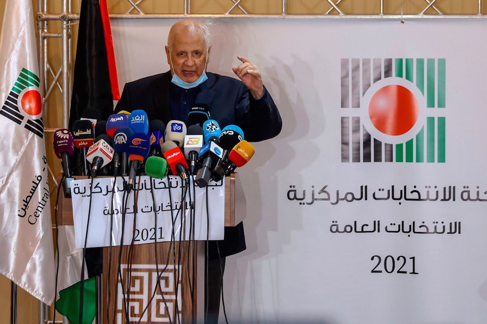 Hanna Nasir, head of the Palestinian Central Election Commission, at a press conference in the West Bank city of Ramallah, 16 January 2021, after president Mahmud Abbas announced dates for the first elections in more than 15 years. AHMAD GHARABLI/AFP via Getty Images
