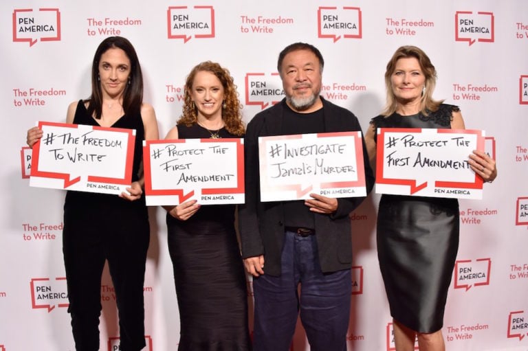 Executive Director of PEN America Los Angeles Michelle Franke, CEO of PEN America Suzanne Nossel, Ai Weiwei and Jennifer Egan arrive at the PEN America 2018 LitFest Gala, Beverly Hills, California, 2 November 2018, Gregg DeGuire/WireImage