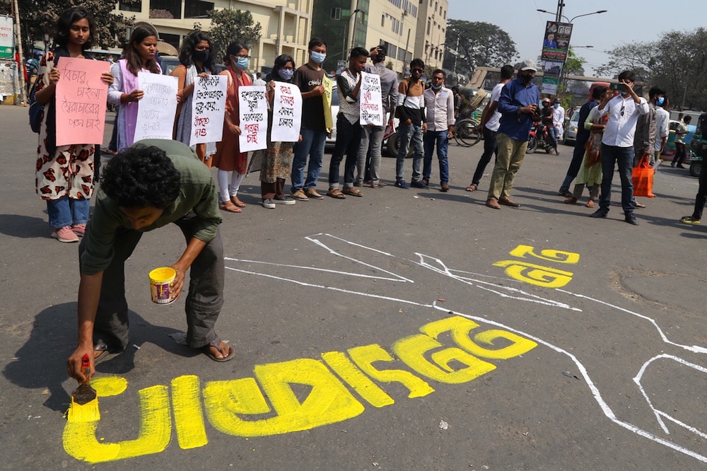 Activists gather at several places in Dhaka, Bangladesh, to protest the death of writer Mushtaq Ahmed under police custody, 26 February 2021, Nahid Hasan/Pacific Press/LightRocket via Getty Images