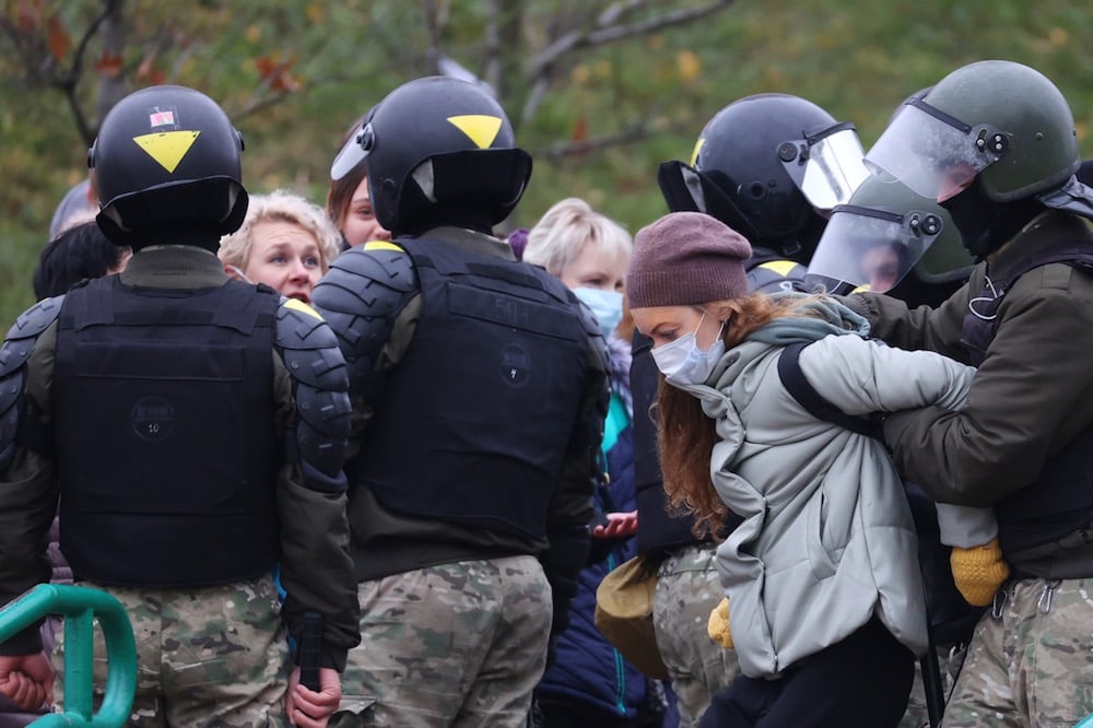 Law enforcement officers detain participants in the March of the Brave protest, sparked by the killing of Roman Bondarenka, in Minsk, Belarus, 15 November 2020, StringerTASS via Getty Images