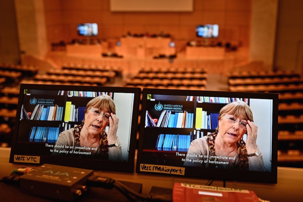UN High Commissioner for Human Rights Michelle Bachelet speaks on Belarus via video-link during a session of the UN Human Rights Council, Geneva, Switzerland, 25 February 2021, FABRICE COFFRINI/AFP via Getty Images