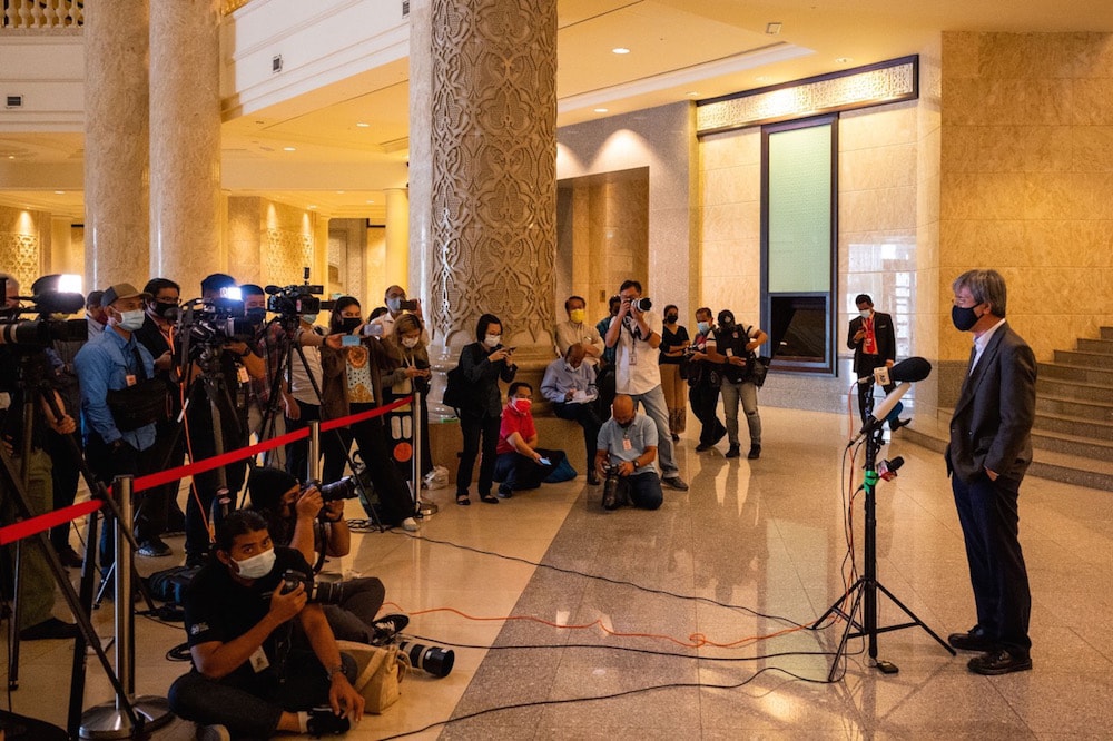 "Malaysiakini''s editor-in-chief Steven Gan speaks to the media at the Federal Court after his verdict in the contempt of court proceeding, Putrajaya, Malaysia, 19 February 2021, MOHD RASFAN/AFP via Getty Images