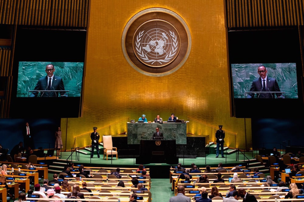 Rwanda's President Paul Kagame speaks during the 74th session of the United Nations General Assembly, at the UN Headquarters in New York City, 24 September 2019, JOHANNES EISELE/AFP via Getty Images