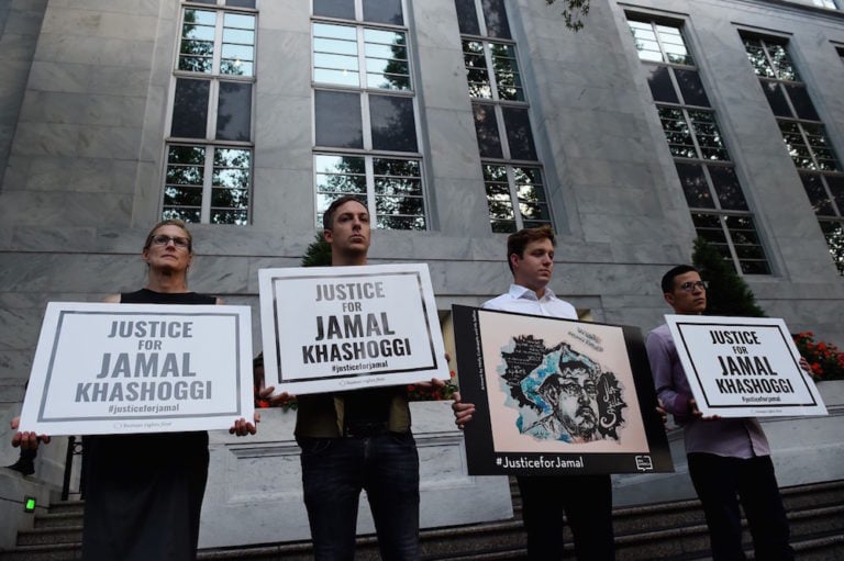 Representatives of Human Rights First, PEN America, POMED, CPJ and others gather in front of the Embassy of Saudi Arabia in Washington, DC, 2 October 2019, to remember Jamal Khashoggi, OLIVIER DOULIERY/AFP via Getty Images