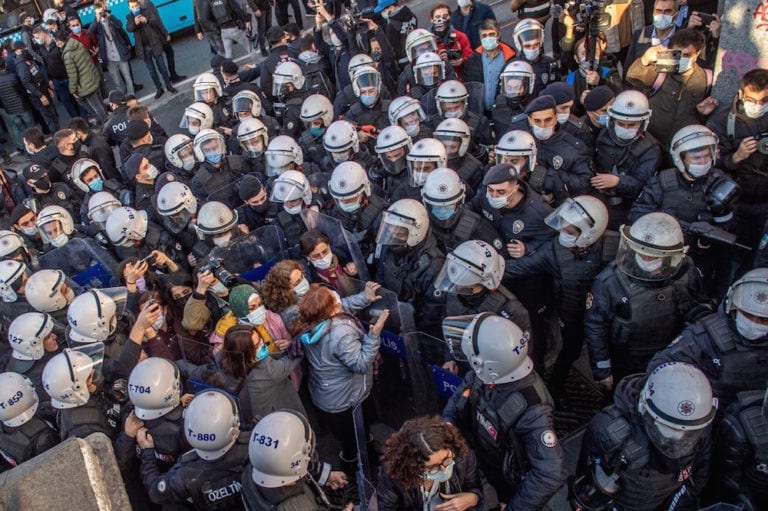 Turkish police officers detain demonstrators during a rally in support of Boğaziçi University students protesting the appointment of a new rector, in Istanbul, Turkey, 4 February 2021, BULENT KILIC/AFP via Getty Images