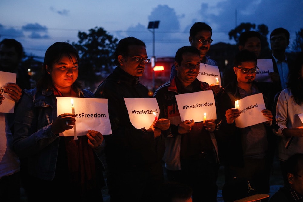 Nepali journalists gather in Kathmandu, on 2 May 2018, to pay tribute to a group of journalists who lost their lives in a suicide bombing in Kabul, Sunil Pradhan/NurPhoto