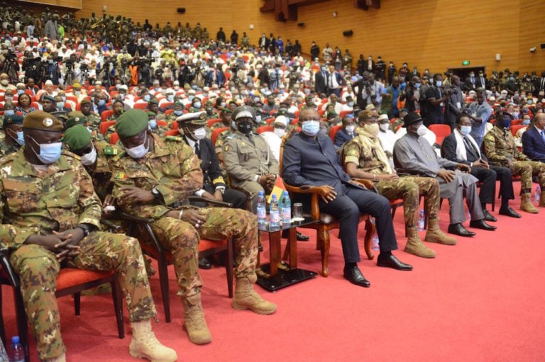 President of Guinea-Bissau President Umaro Sissoco Embaló (3rd L, front) and other guests attend the swearing-in ceremony of Mali's transitional president and vice president in Bamako, Mali, 25 September 2020, Xinhua/Habib Kouyate via Getty Images