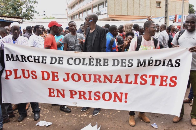 Guinean journalists demand the release of one of their colleagues and condemn journalists' arrests, in Conakry, 2 April 2019, CELLOU BINANI/AFP via Getty Images