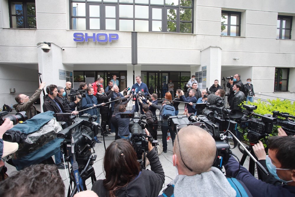 Serbian President and Leader of the Serbian Progressive Party Aleksandar Vučić speaks to the press after casting his vote at a polling station during elections, in Belgrade, 21 June 2020, Milos Miskov/Anadolu Agency via Getty Images