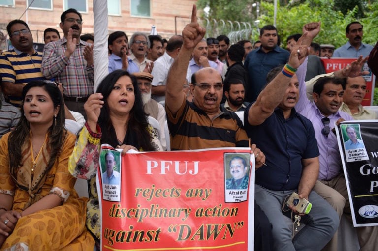 Members of the Pakistan Federal Union of Journalists (PFUJ) take part in a demonstration on World Press Freedom Day, Islamabad, Pakistan, 3 May 2017, AAMIR QURESHI/AFP via Getty Images