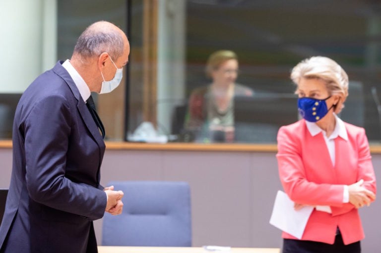Slovenian Prime Minister Janez Janša (L) speaking with the President of the European Commission Ursula von der Leyen (R), during the second day of an EU Chief of State Summit, Brussels, Belgium, 2 October 2020, Thierry Monasse/Getty Images