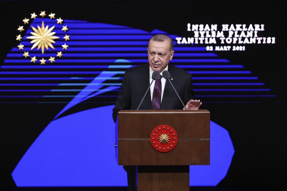 President Recep Tayyip Erdoğan during a publicity meeting for the Human Rights Action Plan at Bestepe National Congress and Culture Center, Ankara, Turkey, 2 March 2021, Dogukan Keskinkilic/Anadolu Agency via Getty Images