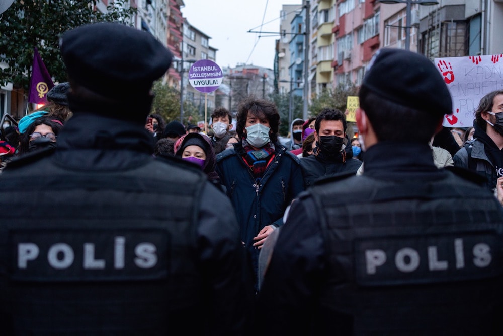 Riot police block protesters during a demonstration organised by women and LGBT activists against Turkey's withdrawal from the Istanbul Convention, in Istanbul, Turkey, 20 March 2021, Erhan Demirtas/NurPhoto via Getty Images