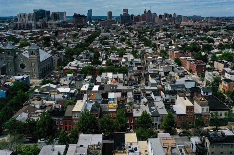 A general view of Baltimore, Maryland, from a drone, 16 June 2020, as Black Lives Matter protests continued across the US in reaction to the death of George Floyd. Patrick Smith/Getty Images