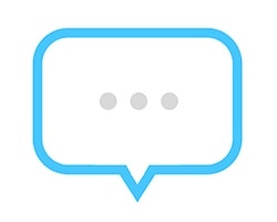 Outline of a blue speech bubble with three grey dots inside in a horizontal line