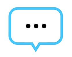 Outline of a blue speech bubble with three black dots inside in a horizontal line